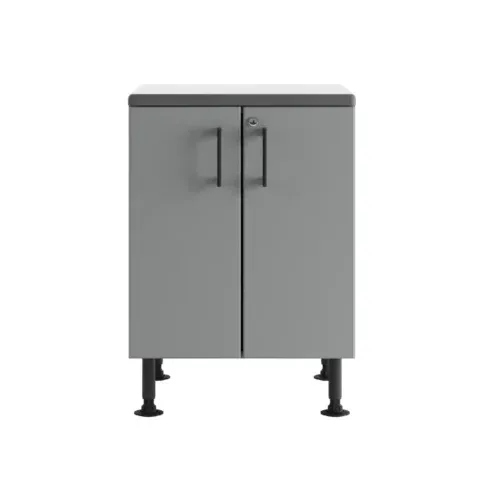 Gray double-door cabinet on black legs with a light-colored top panel
