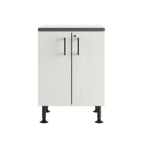 White two-door cabinet with black handles and legs on a plain background