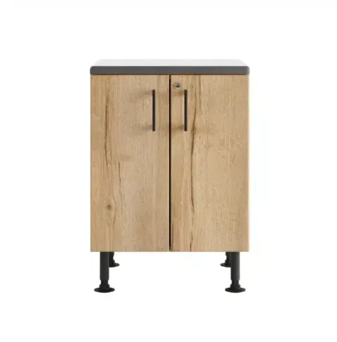 Small wood kitchen cabinet with black top and legs, two doors, and two handles.