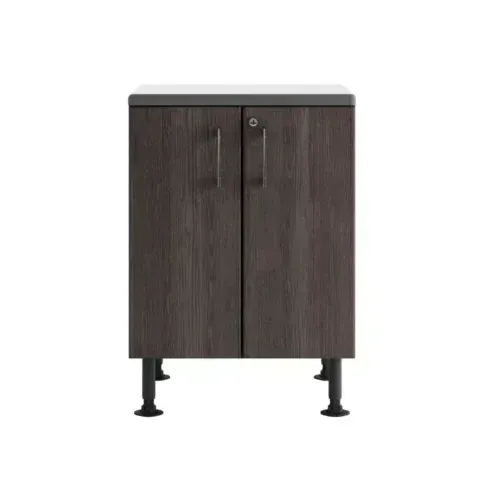 Dark wood cabinet with two doors and black legs on a white background
