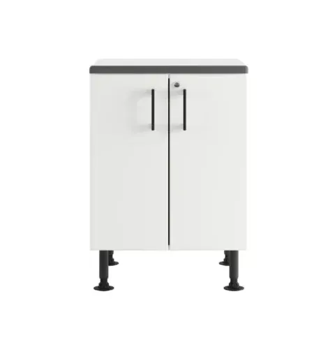 White two-door cabinet with black handles and legs, on a plain background