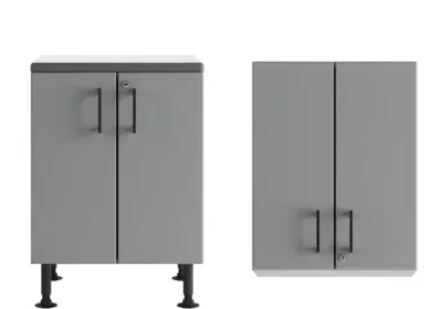 Gray double-door cabinet on four legs, shown front view and top-down view side by side