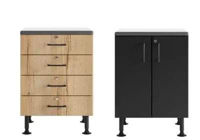 Two small freestanding cabinets: wood drawer unit and black door cabinet on metal legs