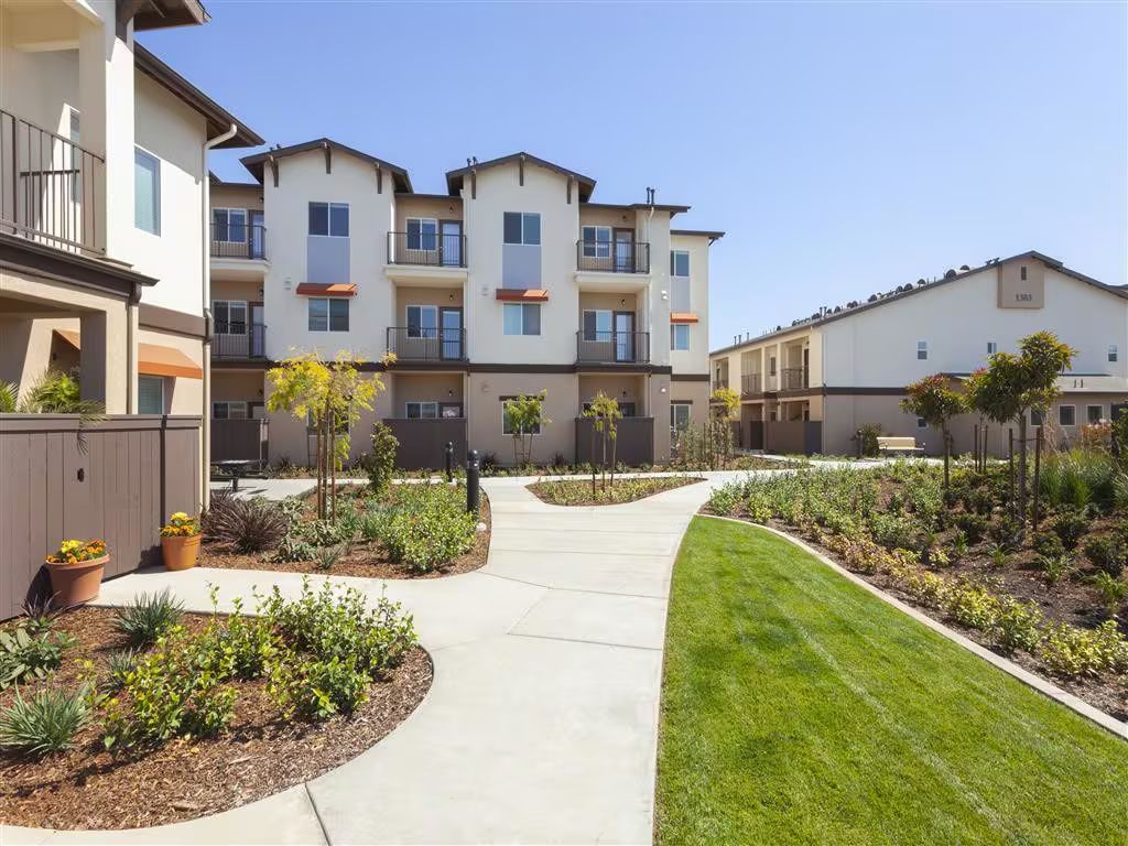 Courtyard walkway leading to modern apartment buildings with landscaped gardens and green lawn
