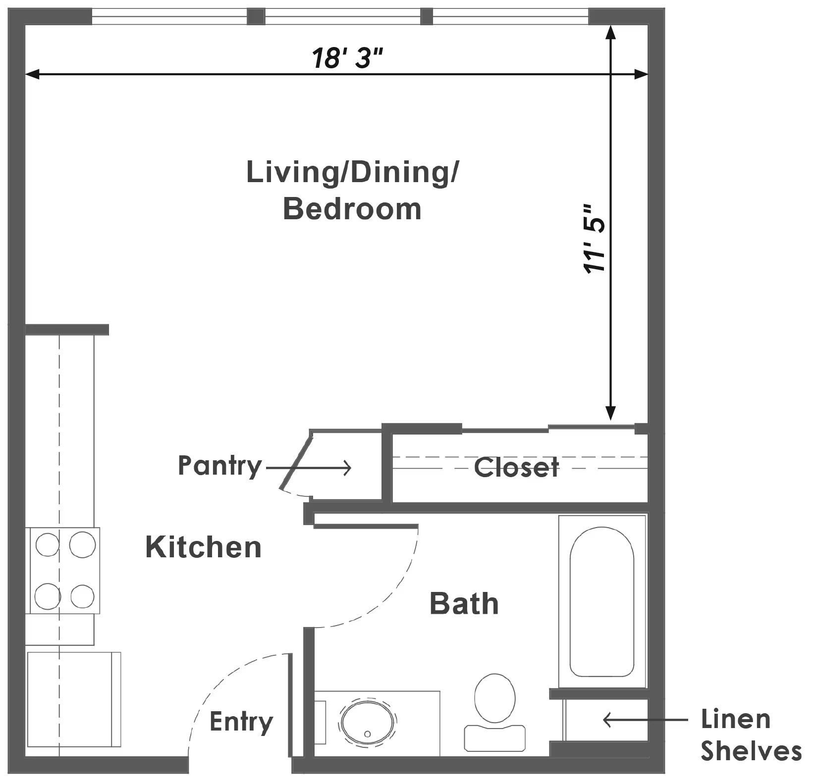 Studio apartment floor plan with living/dining/bedroom, kitchen, bath, pantry, closet, entry, and linen shelves.