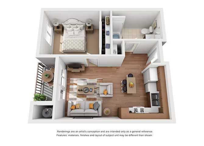 Top-down 3D apartment floor plan with bedroom, bathroom, living room, kitchen, and balcony.