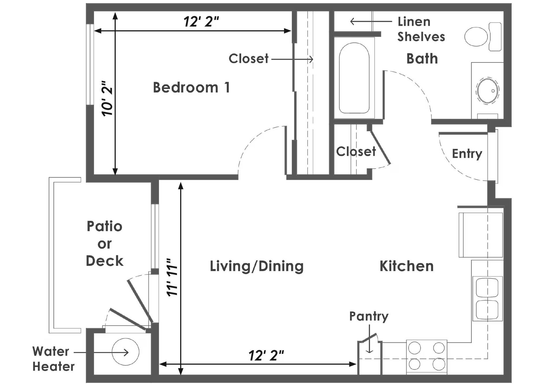 Apartment floor plan with bedroom, living/dining, kitchen, bath, closet, pantry, and patio/deck.