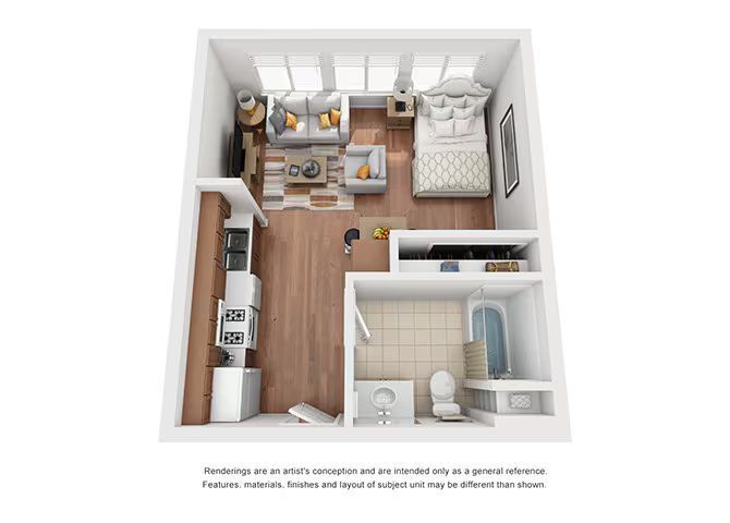 Top-down view of a compact studio apartment with kitchen, bed, desk, and bathroom areas.