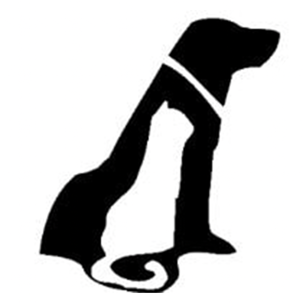 A black and white silhouette of a dog and a cat sitting next to each other.