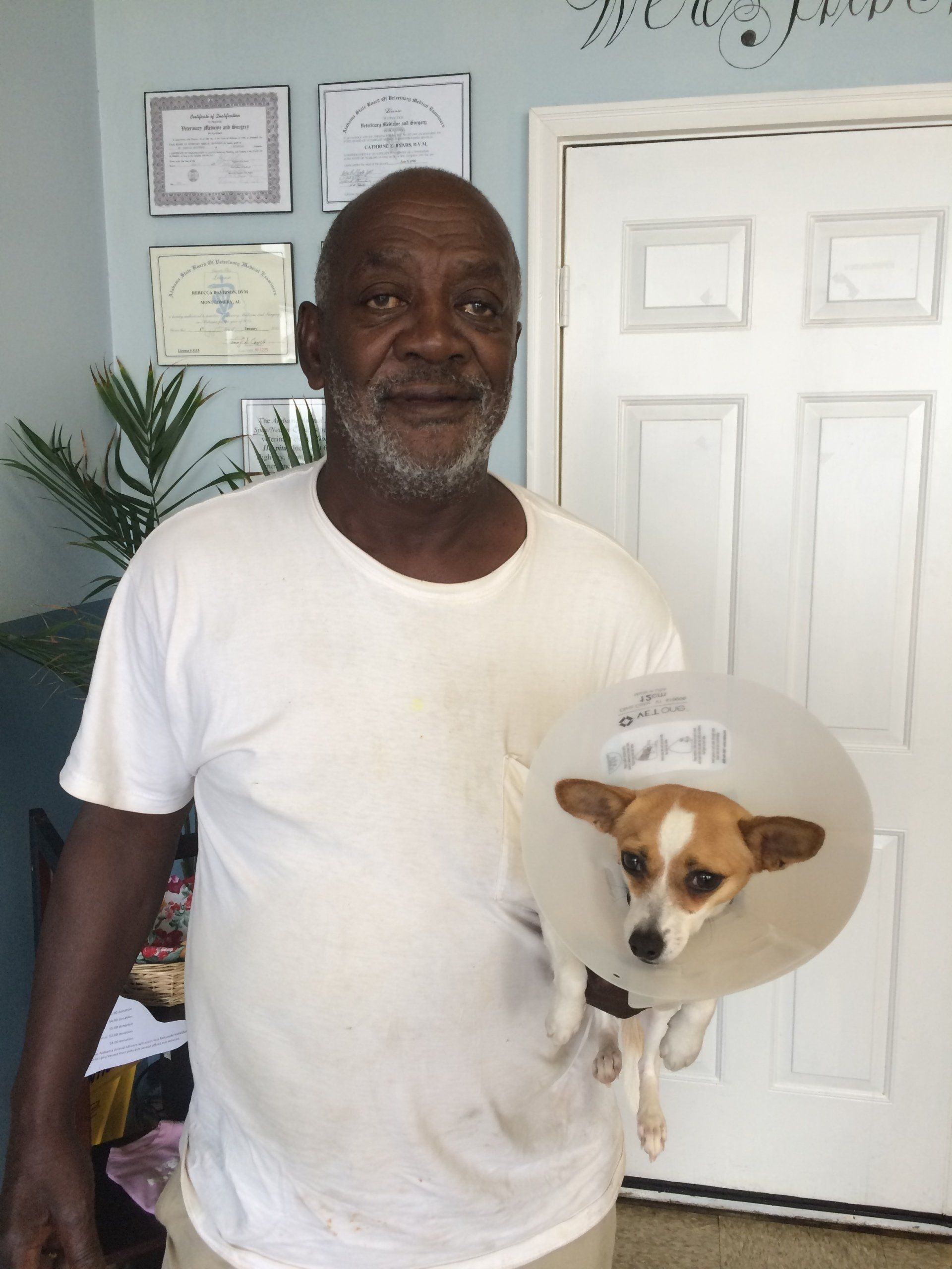 A man is holding a small dog in a cone