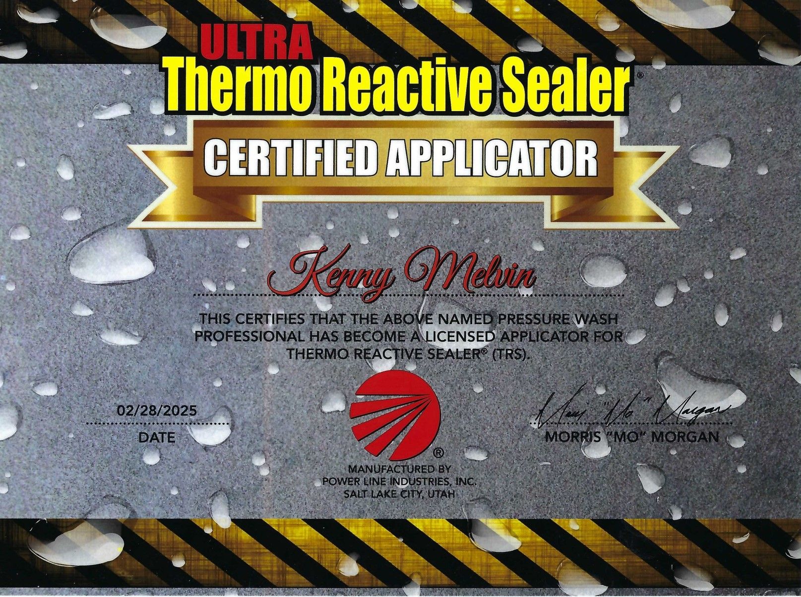 Thermo Reactive Sealer certified applicator label with gold banner and black-yellow hazard stripes