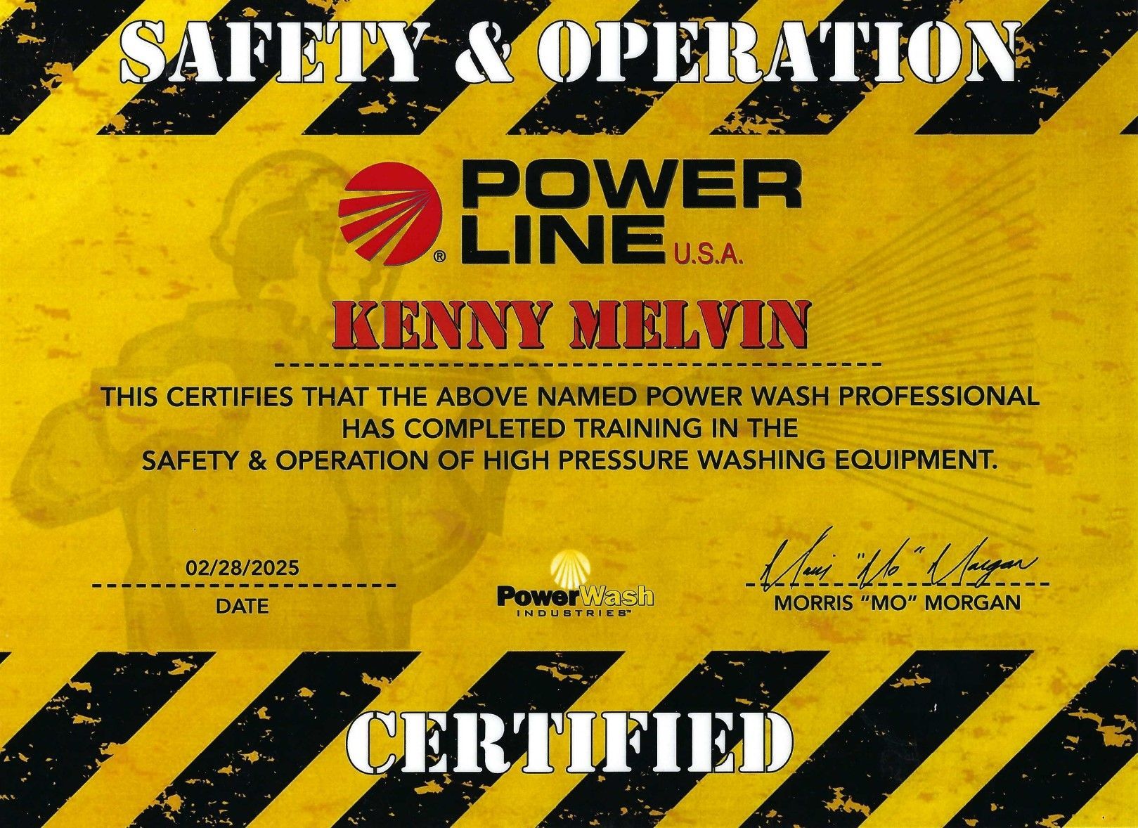 Safety and Operation certification card with yellow-black hazard stripes and Power Line logo