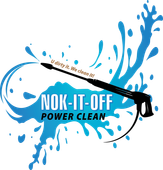 NOK-IT-OFF Power Clean logo with blue paint splashes and a pressure washer silhouette