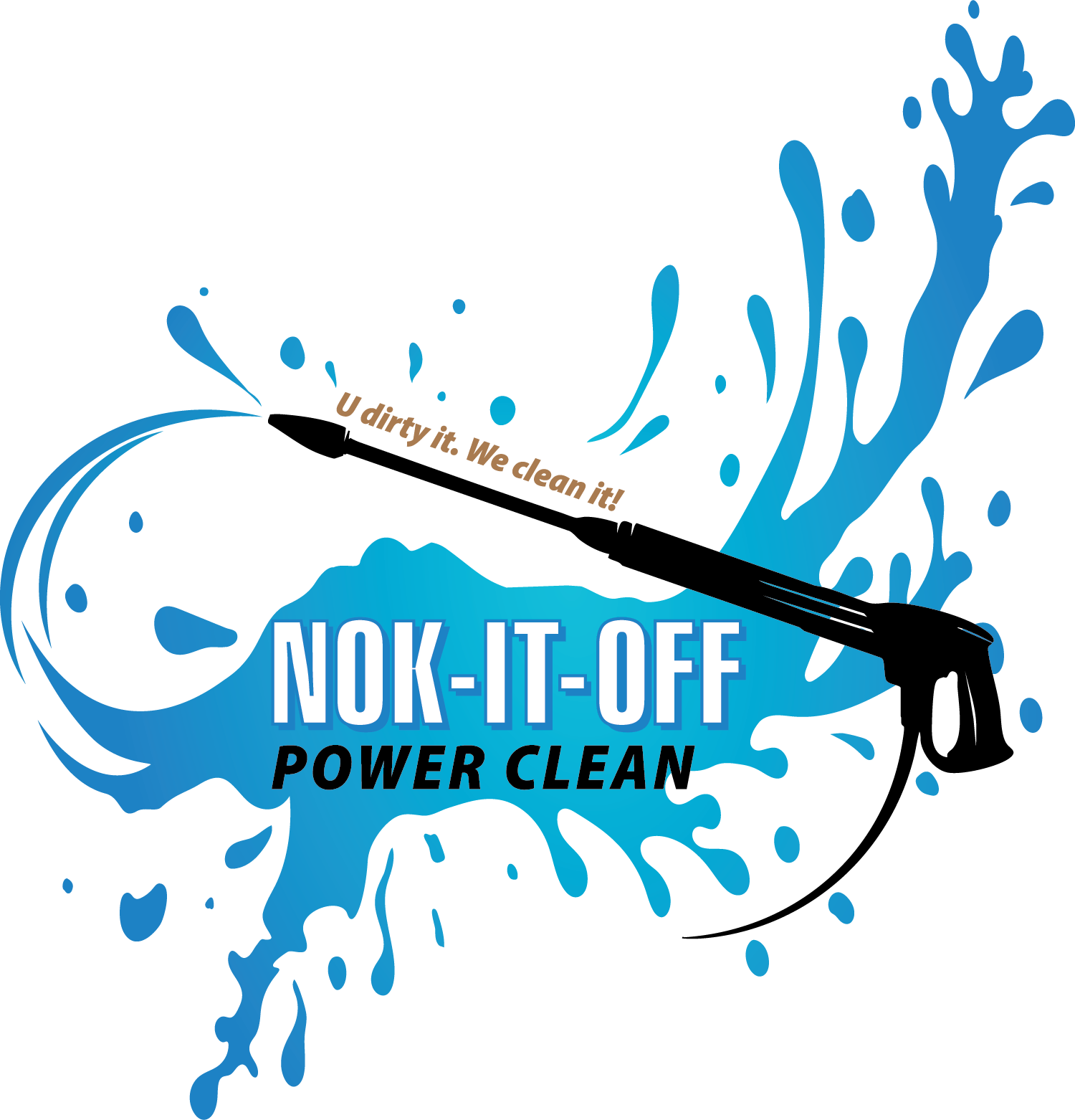 NOK-IT-OFF Power Clean logo with blue paint splashes and a pressure washer silhouette