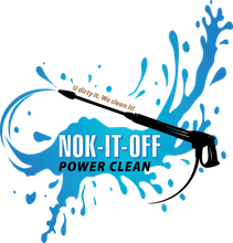 NOK-IT-OFF Power Clean logo with blue paint splashes and a pressure washer silhouette