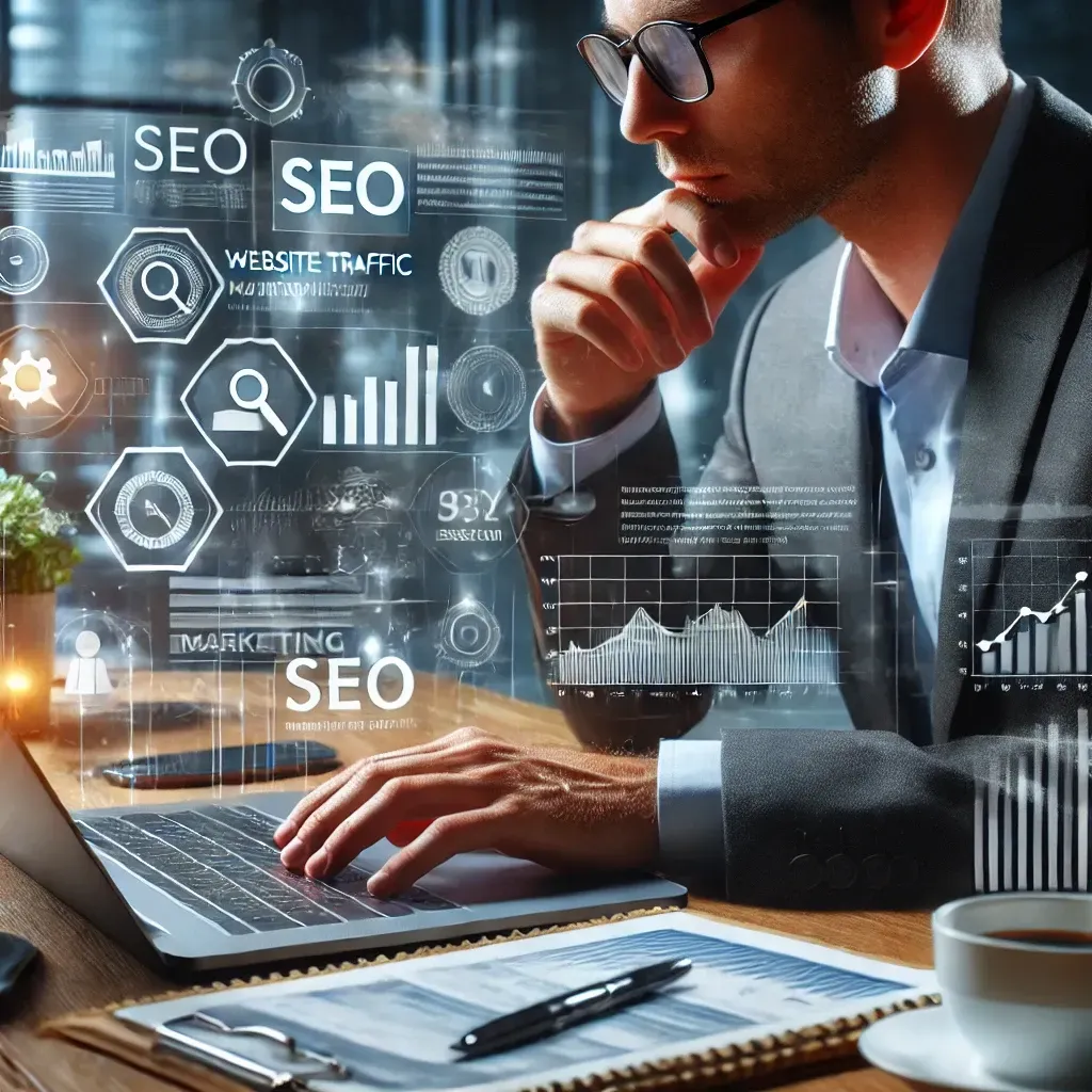 Business owner analyzing website traffic and SEO performance