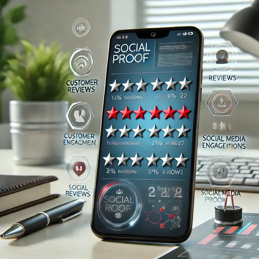 Social proof elements like customer reviews and social media engagement on a smartphone