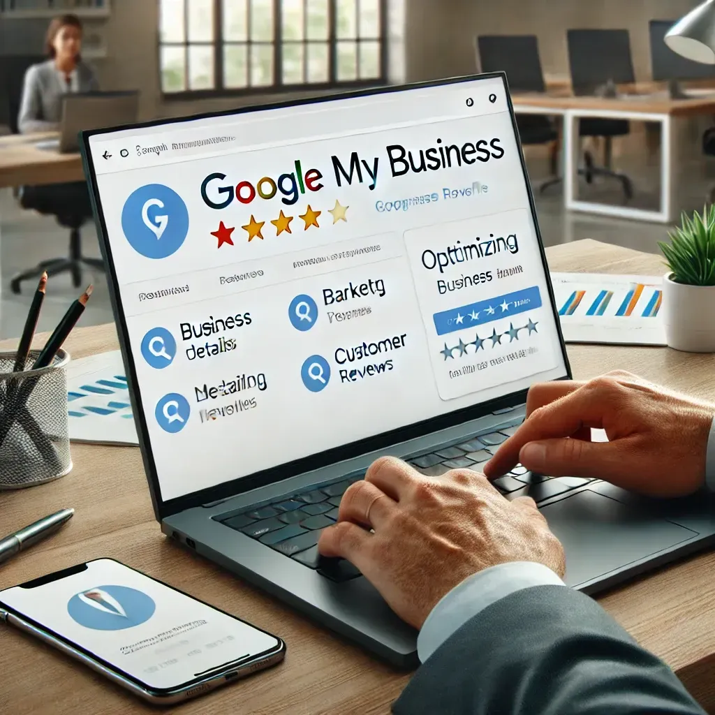 Here is the image created for your blog on Local Search Optimization. This image depicts a business owner optimizing their Google My Business profile on a laptop, with customer reviews visible on the screen.