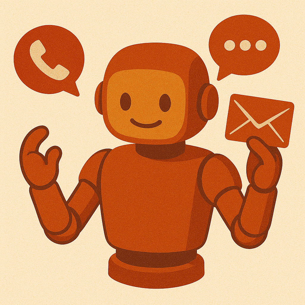 Orange robot holding mail and speech bubbles with a phone and dots; smiling.