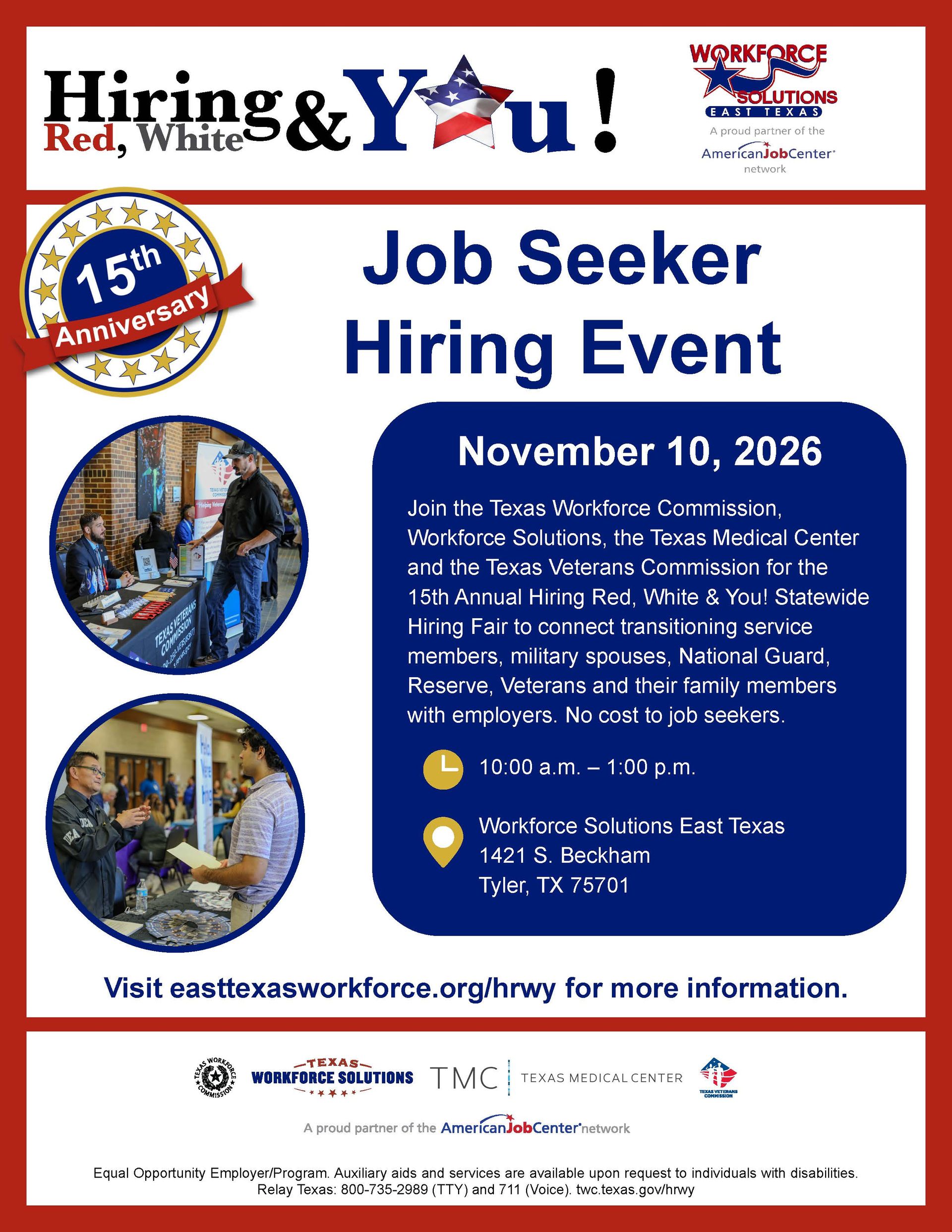 Job Seeker Hiring Event flyer with blue and red design, November 10, 2026, and event details