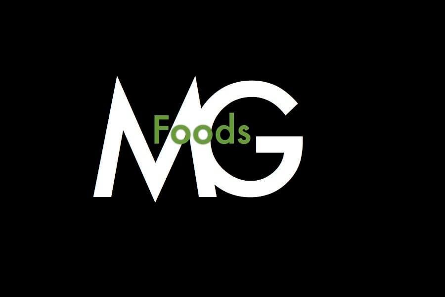 The logo for mg foods is white on a black background.