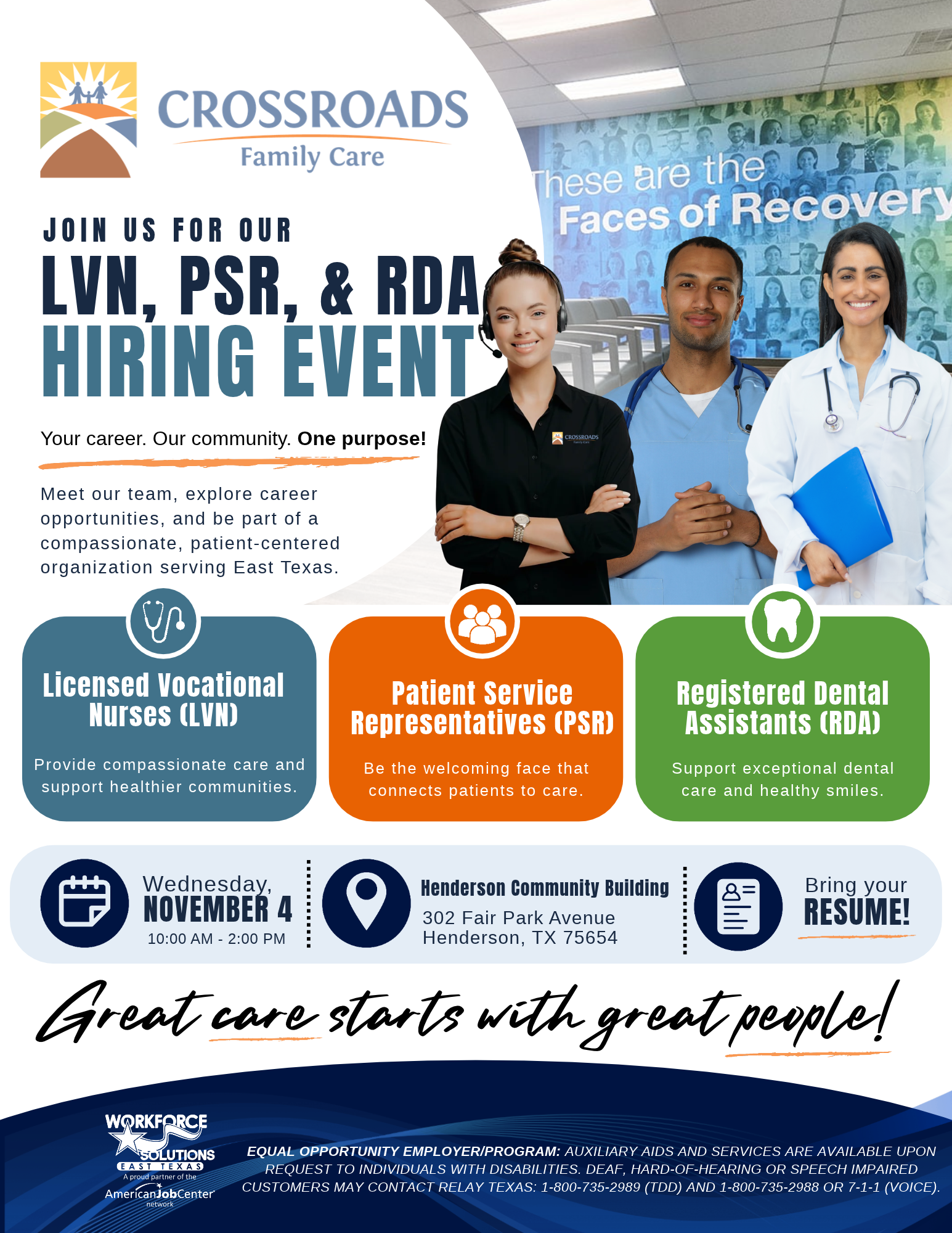 Crossroads Health hiring event flyer with three staff members and role openings listed
