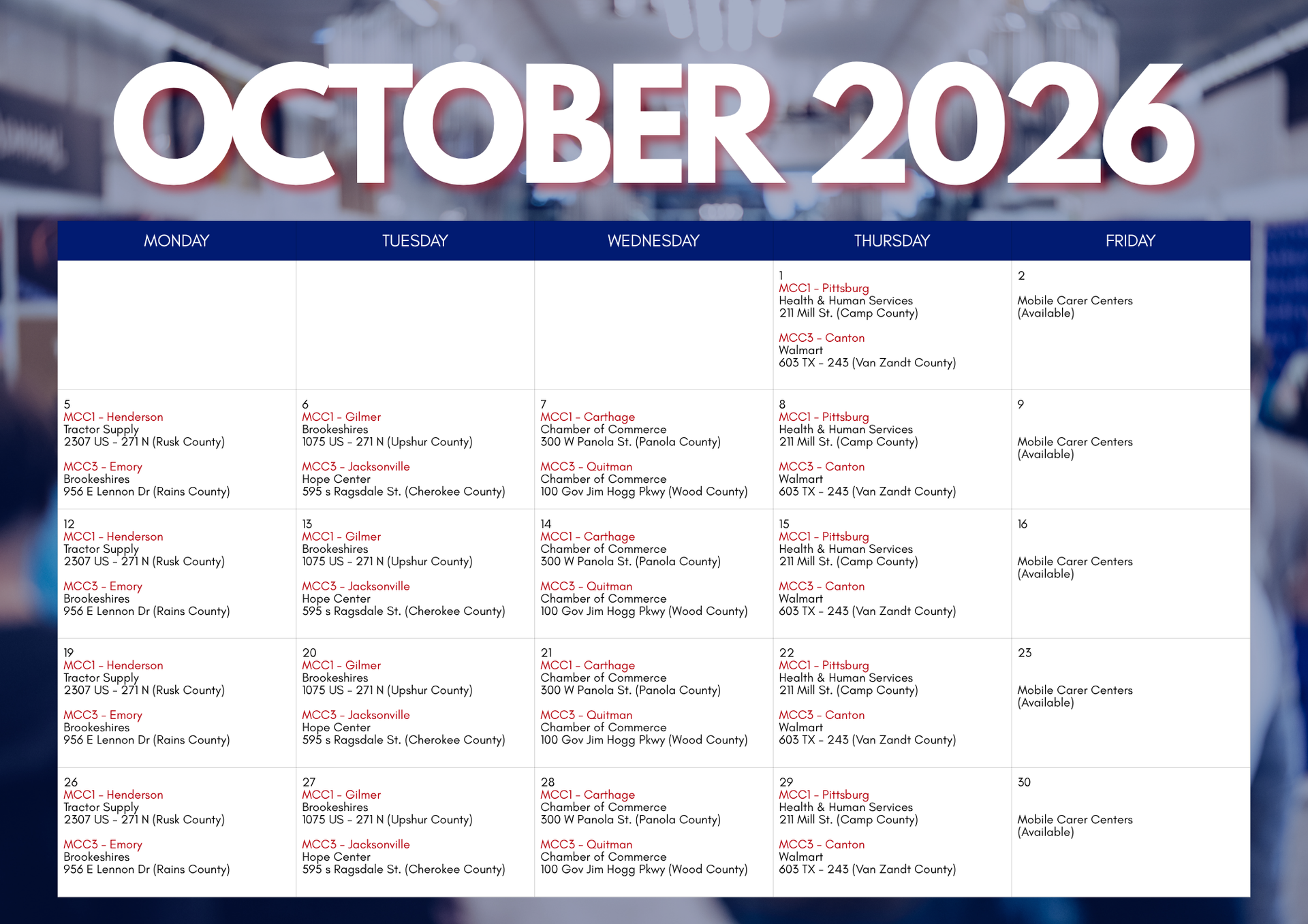 October 2026 monthly calendar in blue and white with handwritten notes in each day cell