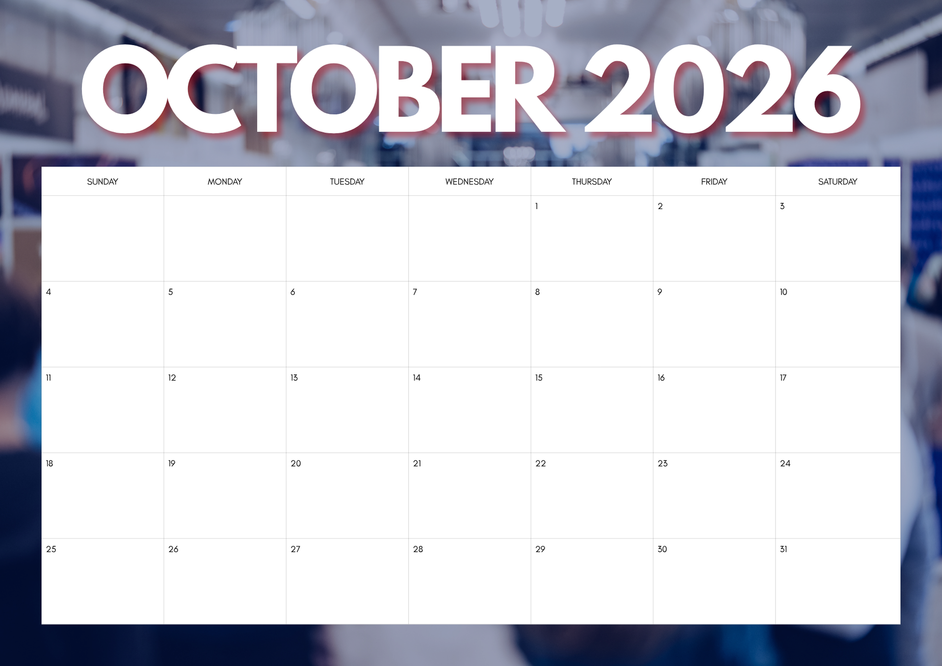 October 2026 calendar with a white monthly grid on a blue blurred background