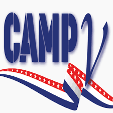 A logo for camp 2 with a red white and blue ribbon