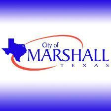 The city of marshall texas logo is a blue and red logo with a texas map.
