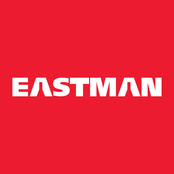 The logo for eastman is on a red background