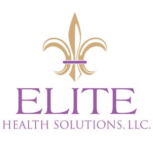 A purple and gold logo for elite health solutions llc