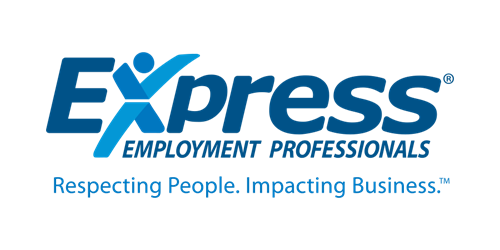 The express employment professionals logo is blue and white and says respecting people impacting business.