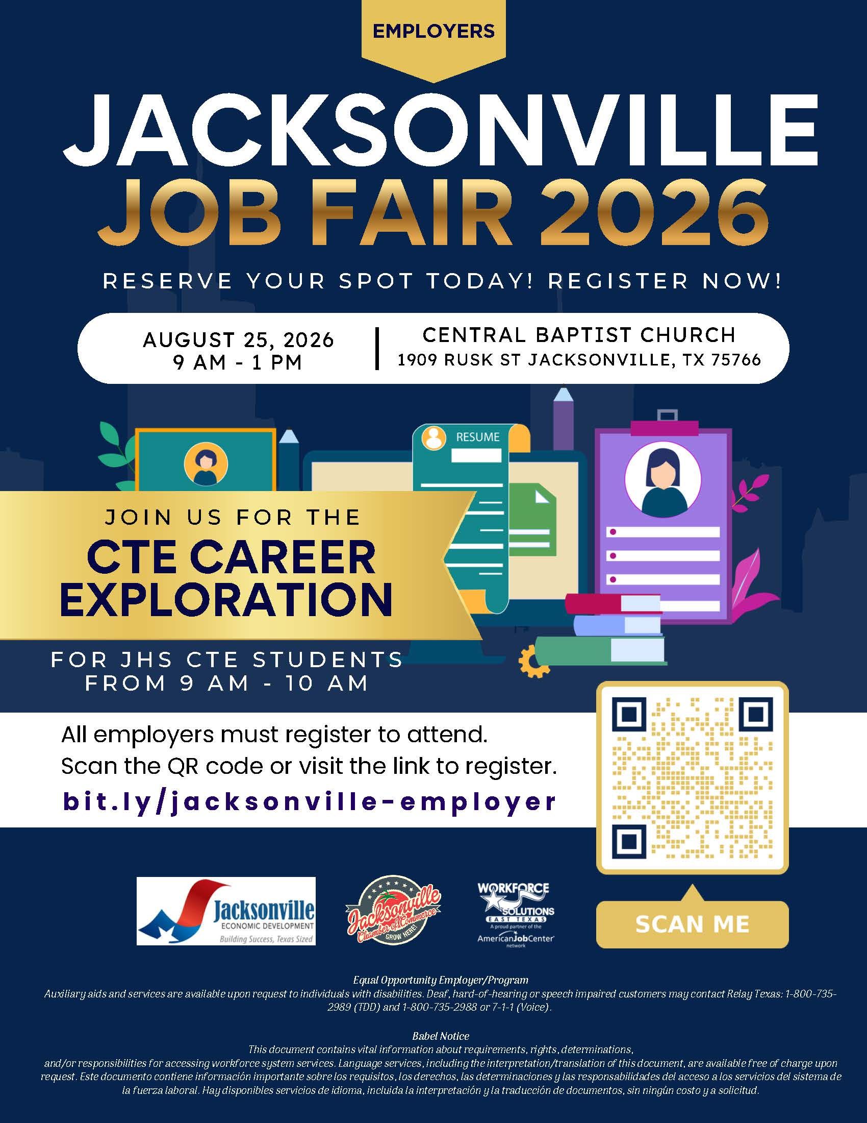 Jacksonville Job Fair 2026 poster with schedule, career expo details, QR code, and blue-yellow design