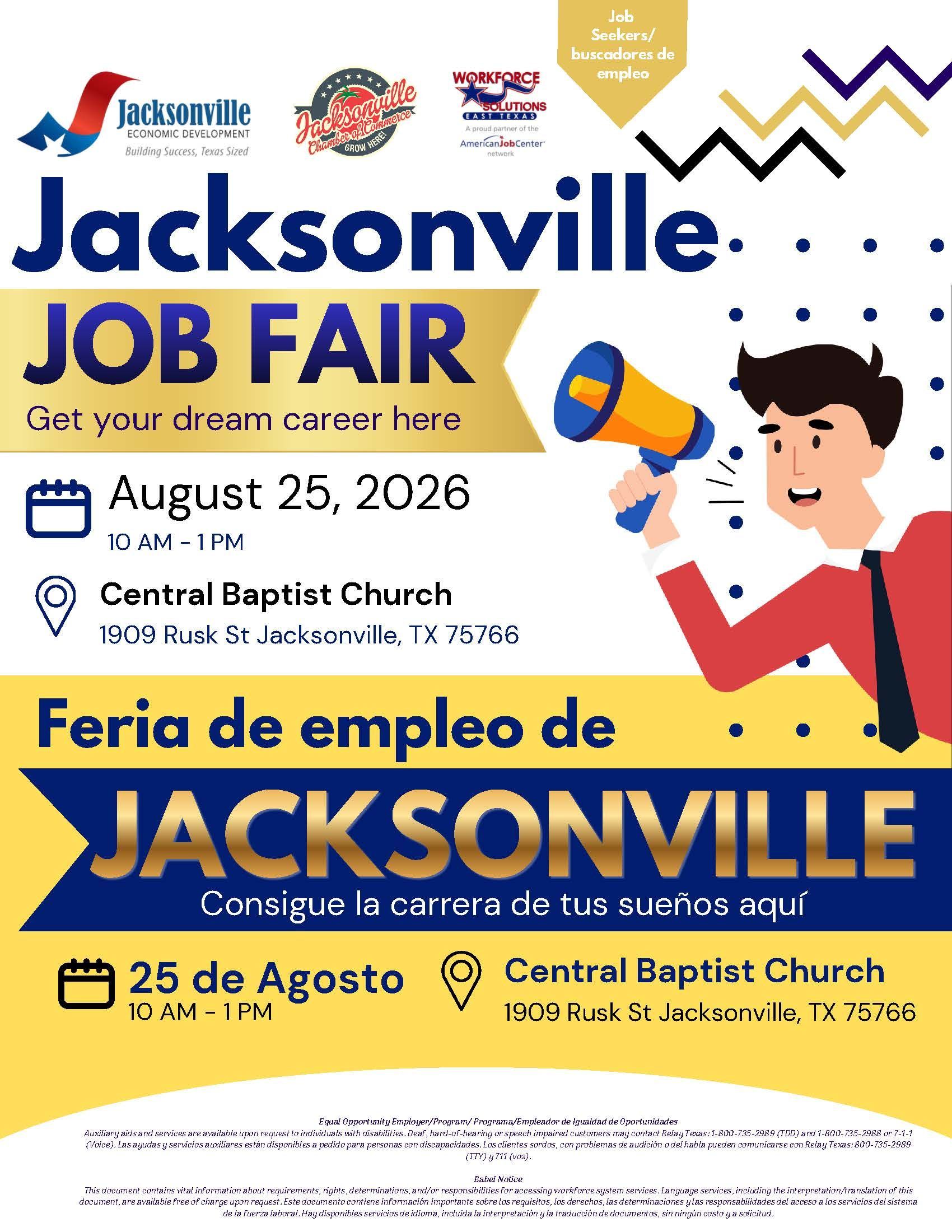 Jacksonville Job Fair 2026 poster with career exploration theme, date details, QR code, and sponsor logos