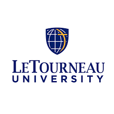 The logo for letourneau university has a shield with a globe on it.