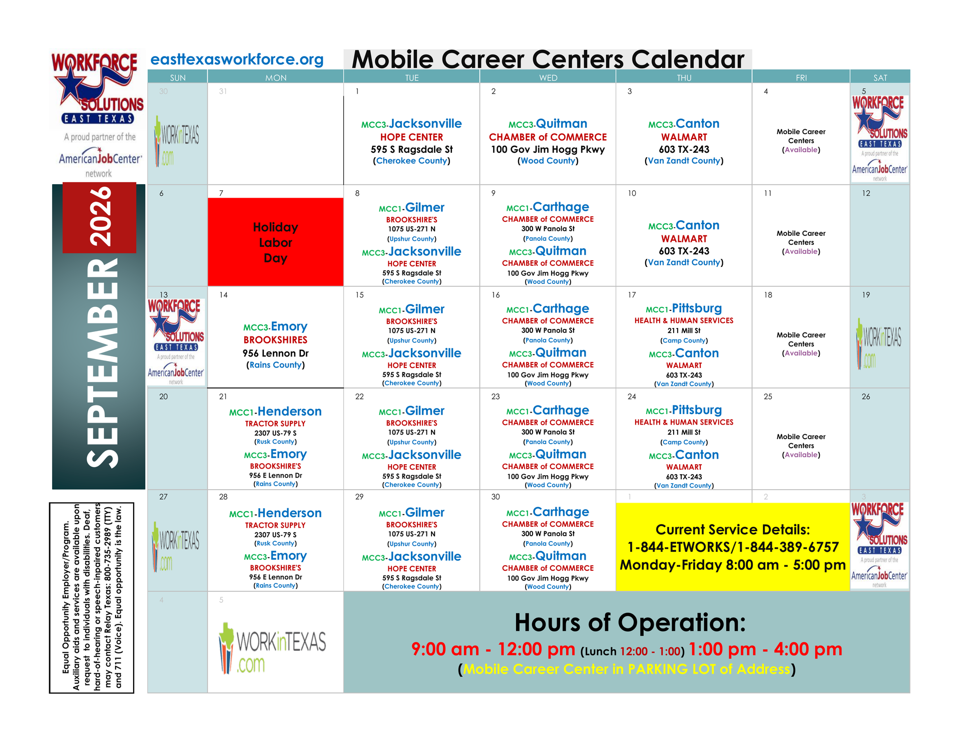 Mobile Career Center calendar for September 2026 with weekly event listings and office hours.