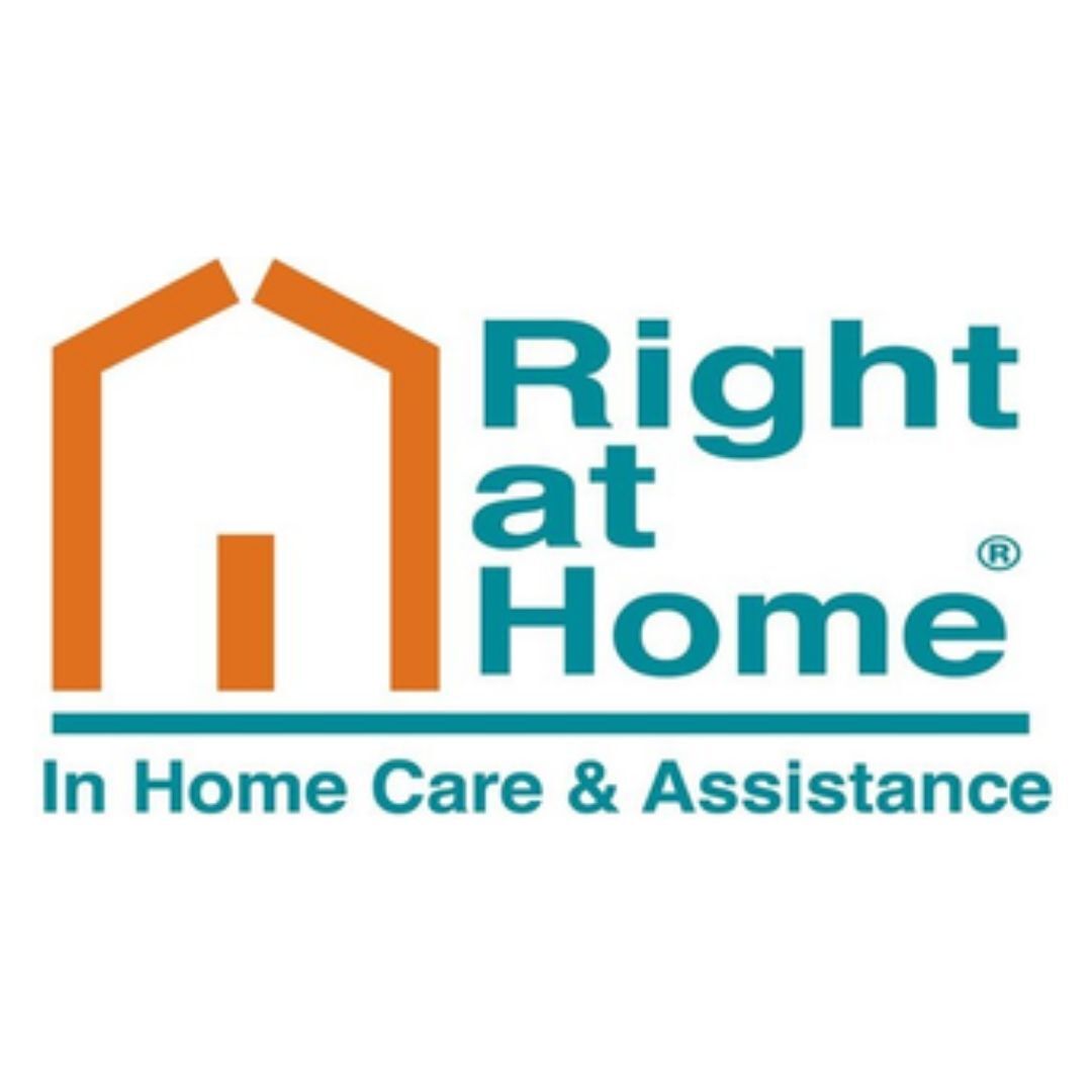 A logo for right at home in home care and assistance