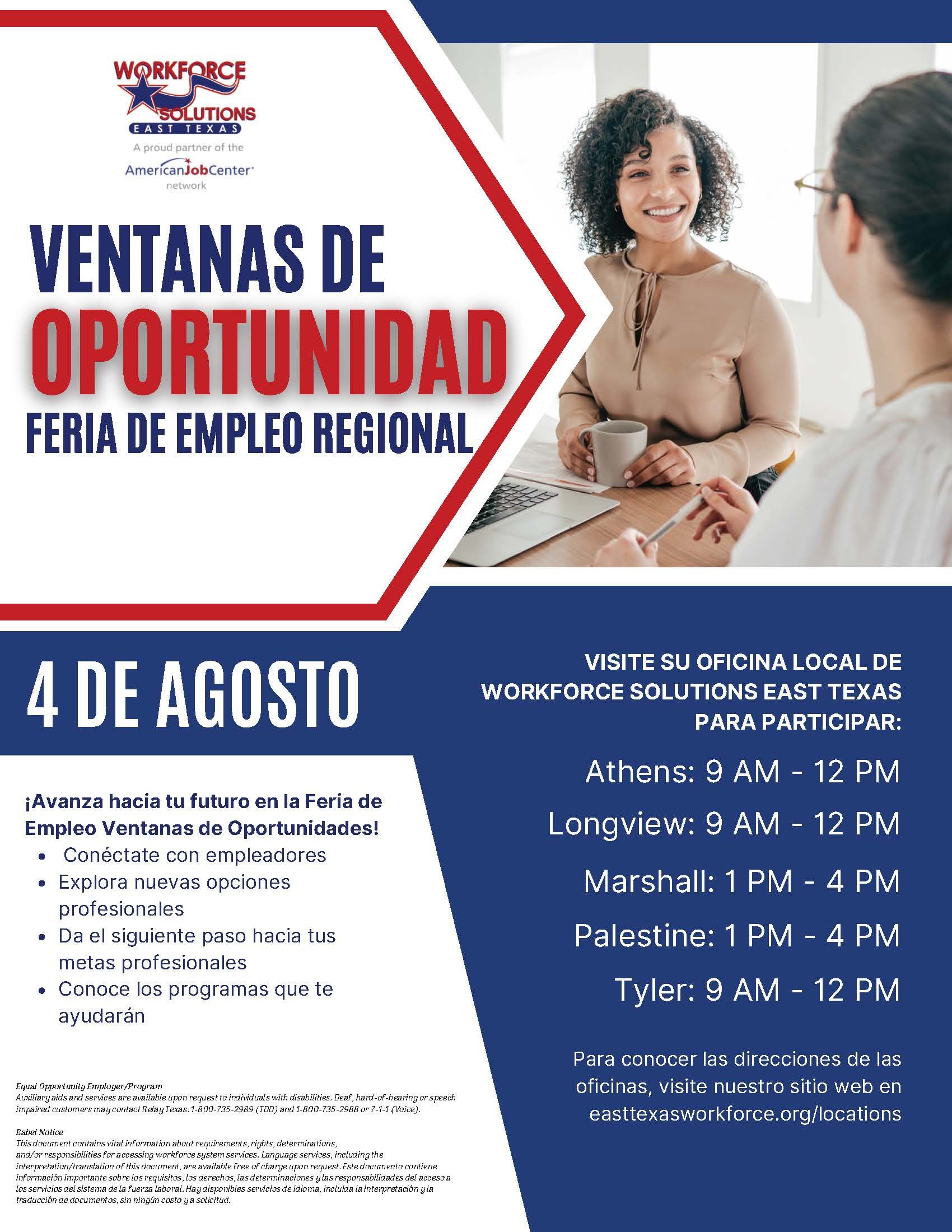 Recruitment job fair flyer with blue and red design and a photo of two people talking at a table