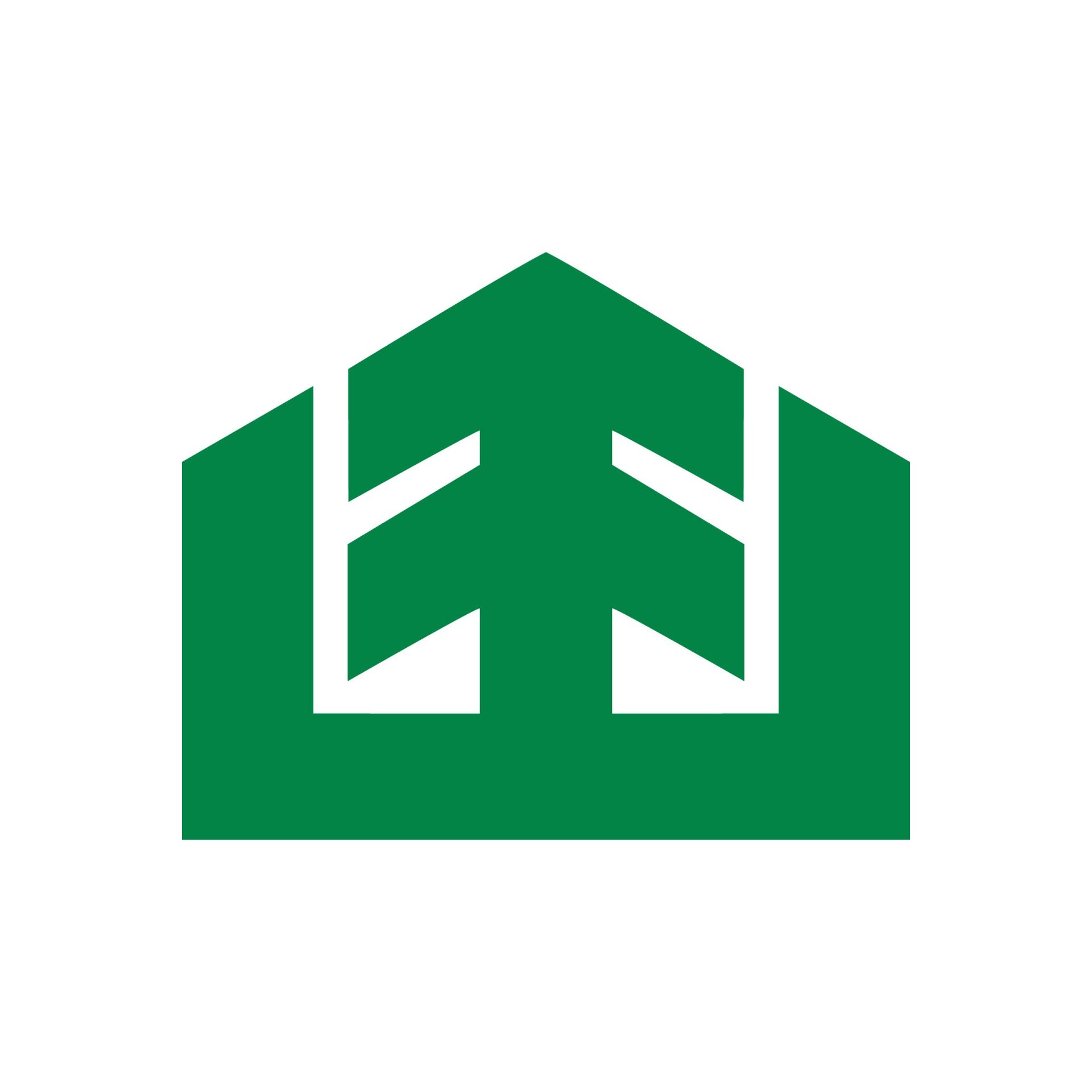 A green house with two arrows pointing in opposite directions on a white background.