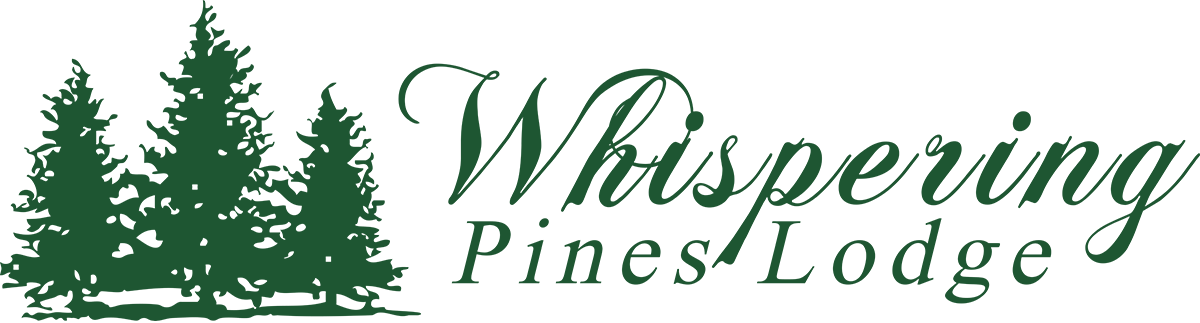 The logo for whispering pines lodge shows three pine trees.