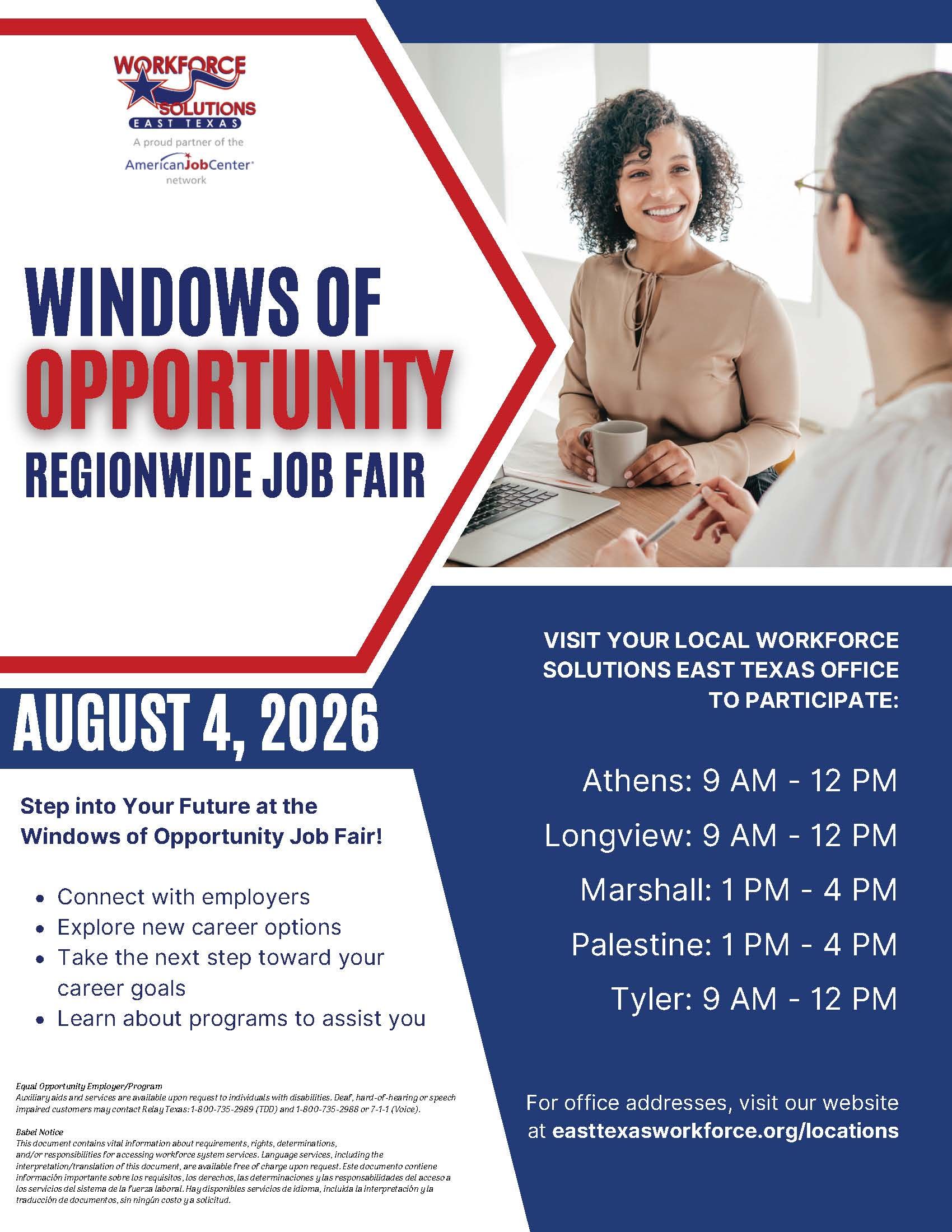 Windows of Opportunity job fair flyer with people talking, blue-and-white design, August 4, 2026 date.