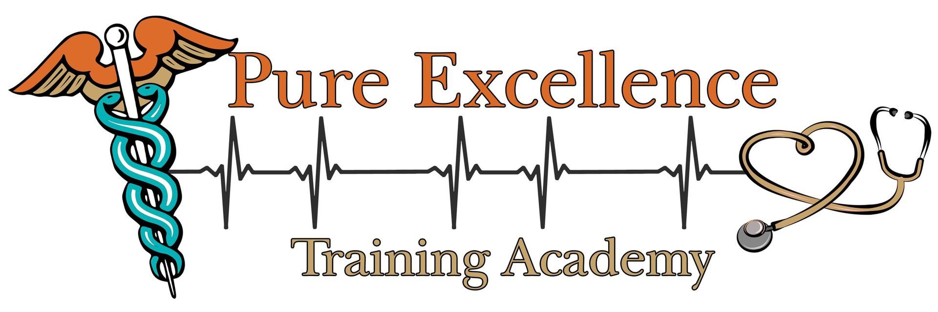 A logo for pure excellence training academy with a caduceus and stethoscope
