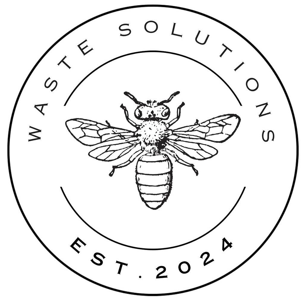 Logo for Waste Solutions, featuring a detailed bee illustration within a circle, 