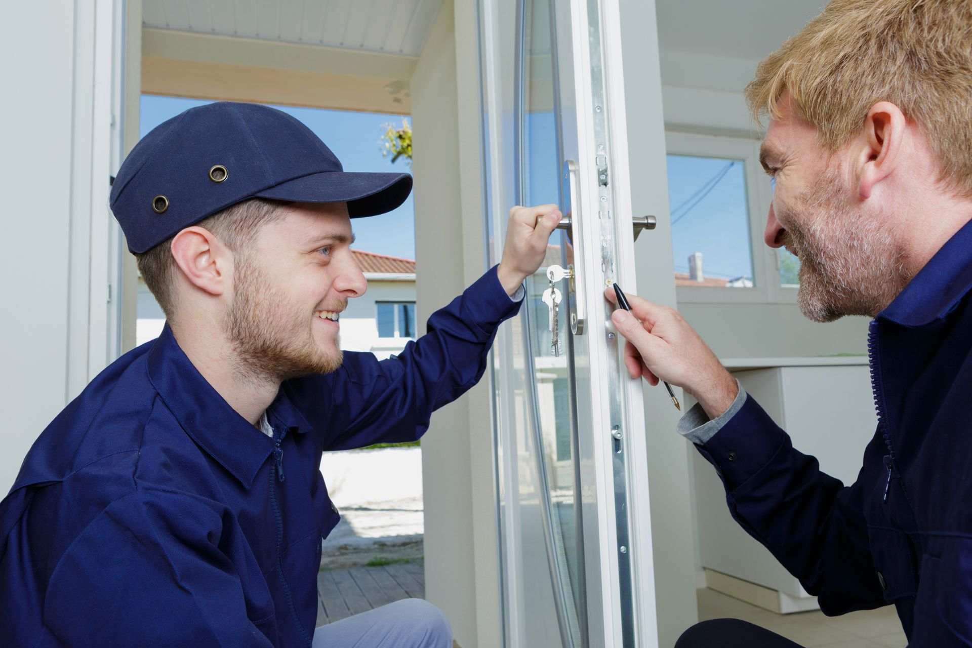 Two workers in blue uniforms adjust a glass door during installation. Two workers in blue uniforms adjust a glass door during installation.