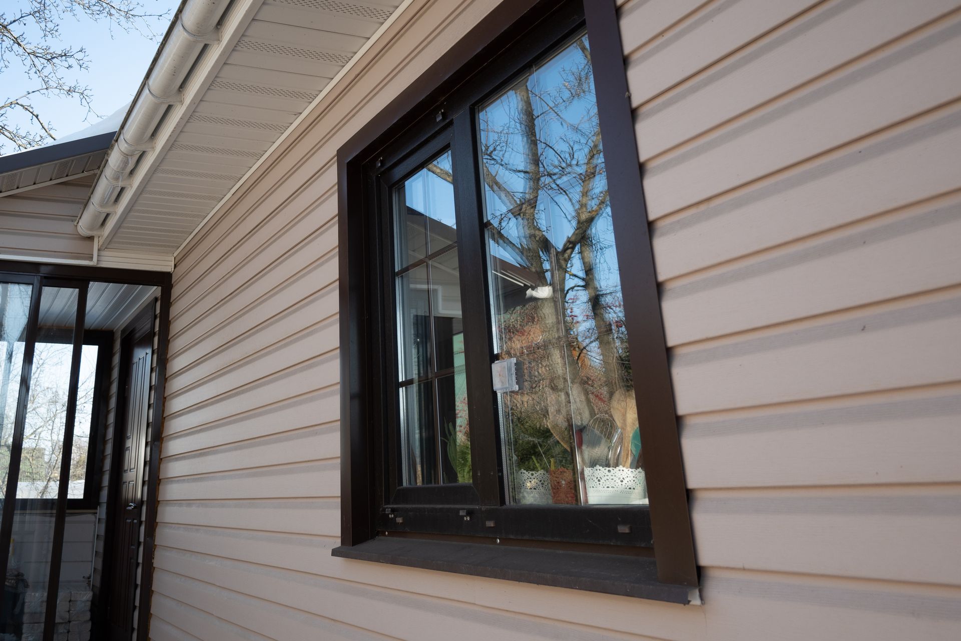 Side of a beige house with horizontal siding and a dark-framed window reflecting bare trees. Side of a beige house with horizontal siding and a dark-framed window reflecting bare trees.