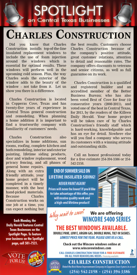 A newspaper article titled spotlight charles construction
