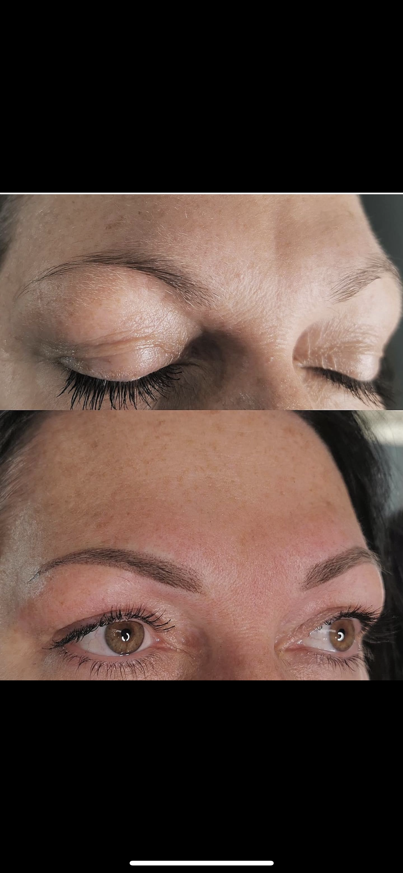 A before and after picture of a woman 's eyebrows.