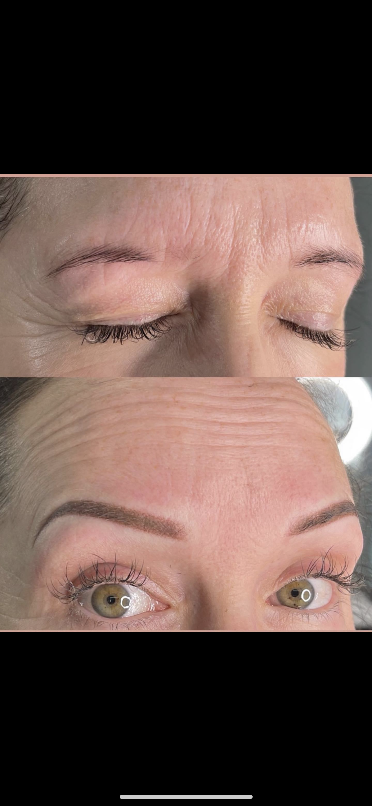 A before and after picture of a woman 's eyebrows.