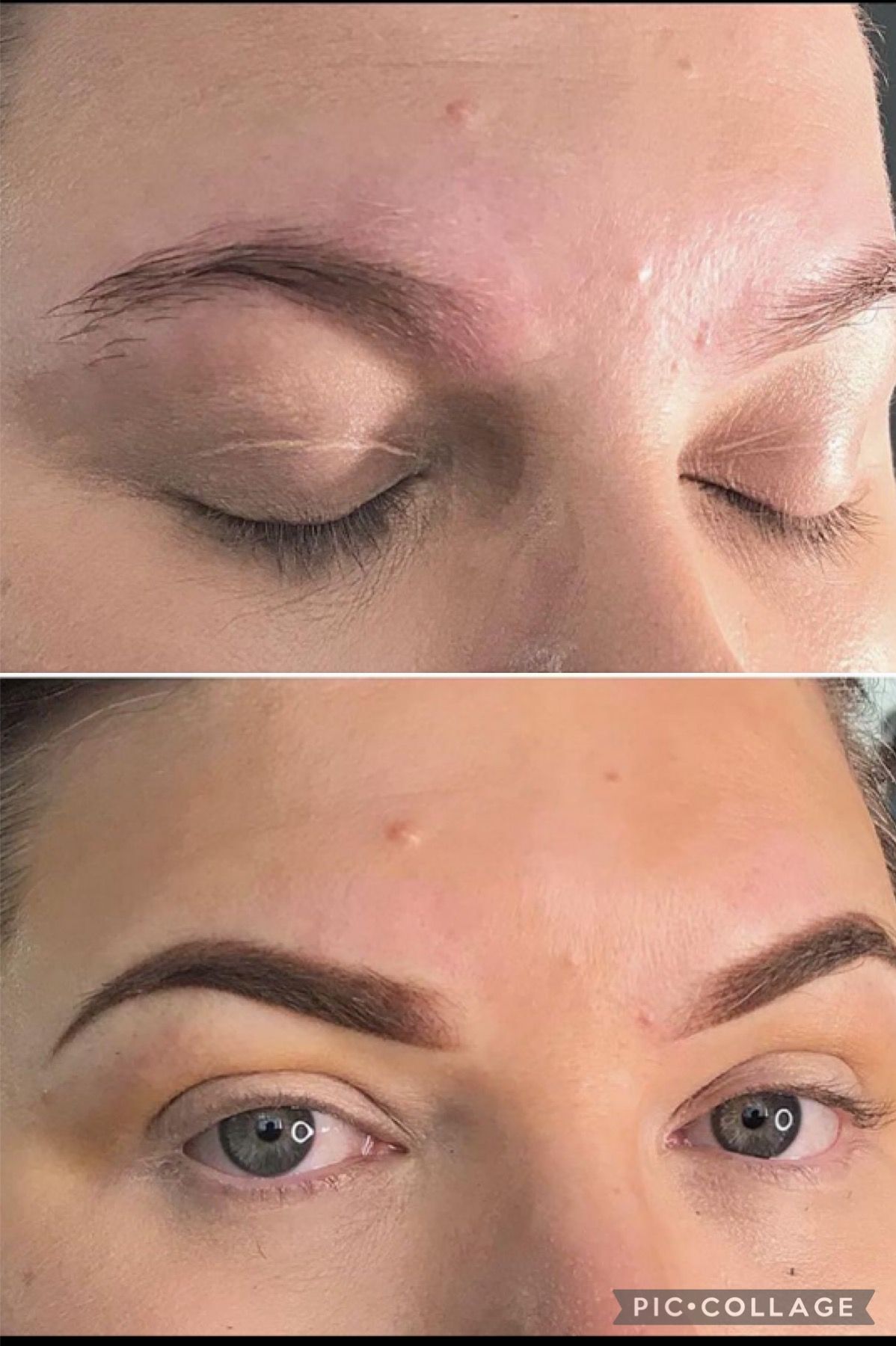 A before and after picture of a woman 's eyebrows.